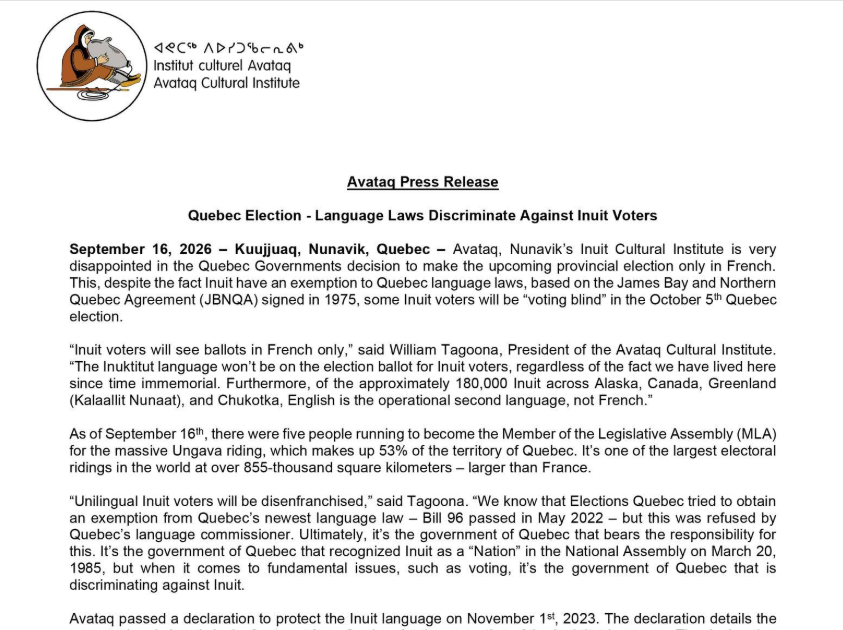 Quebec Election – Language Laws Discriminate Against Inuit Voters