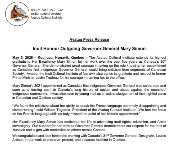 Inuit Honour Outgoing Governor General Mary Simon